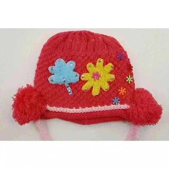 HAND knitted girl hat with knitted applique with beads for 3-6 year old. NEW. - Picture 8 of 9